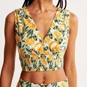 Abercrombie & Fitch Yellow Green Citrus-Print V-Neck Cropped Tank